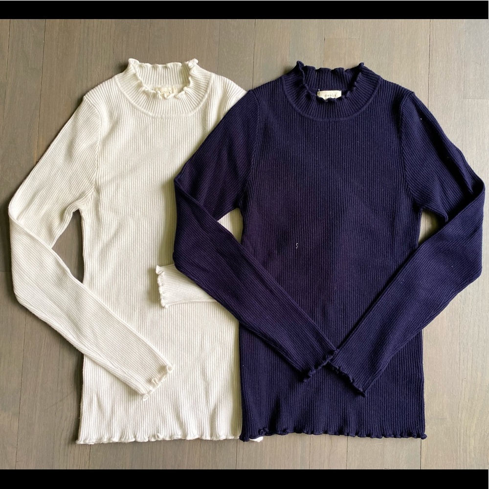 Ribbed fitted tops with ruffled mock necks and cuffs